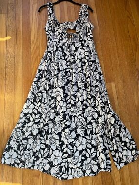 Angie Floral Midi Dress Small Black White Boho Tie Front Cutout Flowy